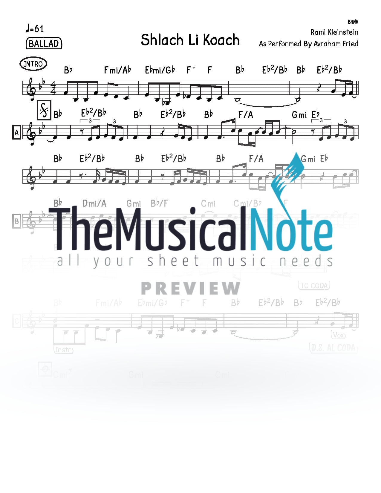 Avraham Fried - Shlach Li Koach (Lead Sheet)