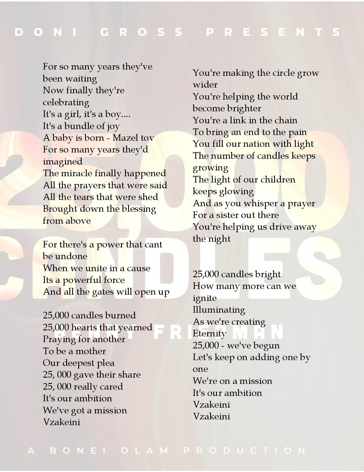 Bonei Olam - 25,000 Candles - Vezakeini